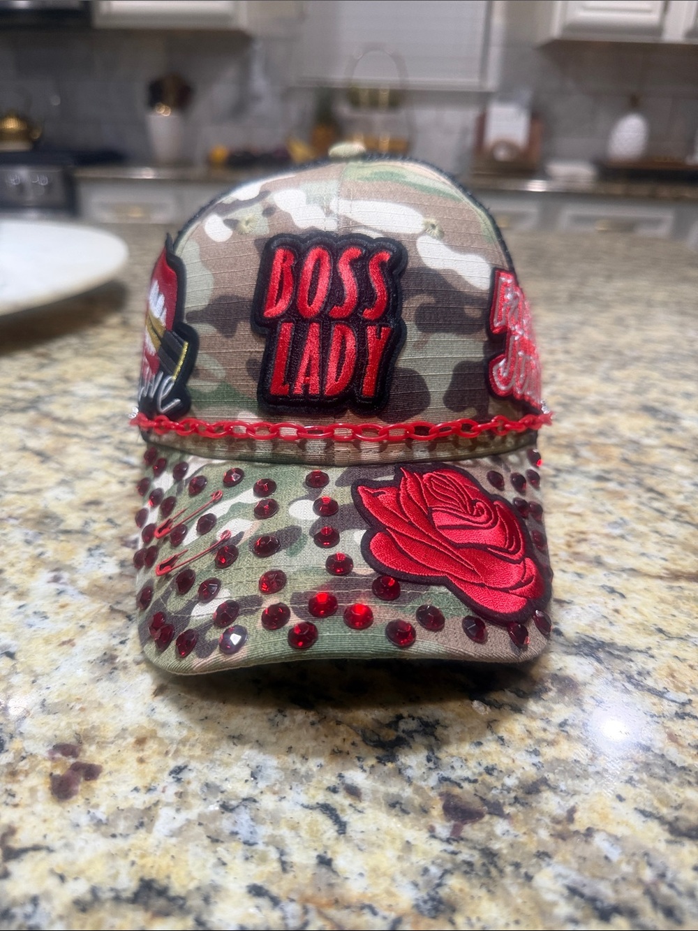 Camouflage 'Boss Lady' Baseball Cap with Red Rose Embellishment